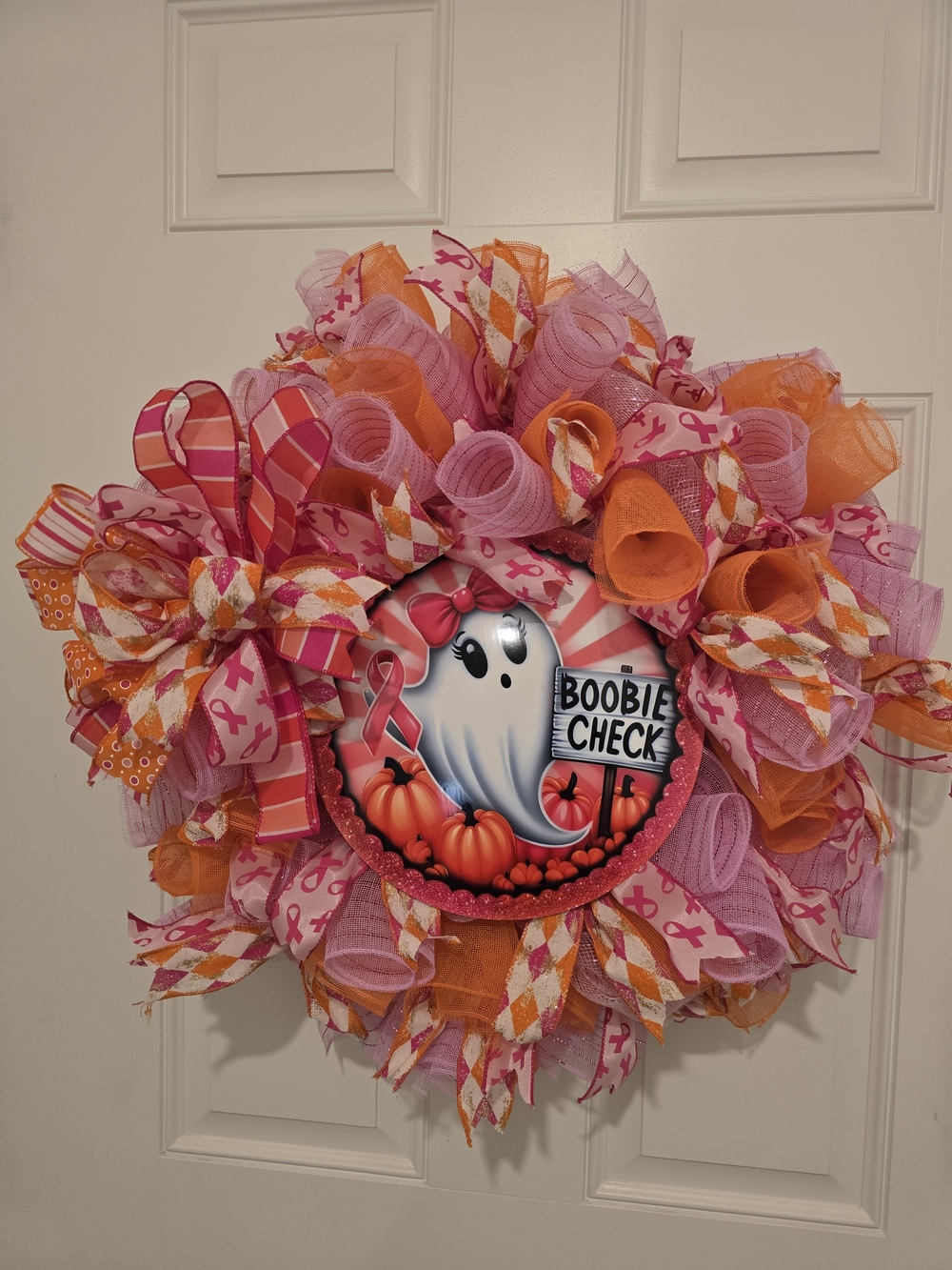 W045 -  Orange Breast Cancer Awareness Holiday Wreath  Boobie Check Halloween